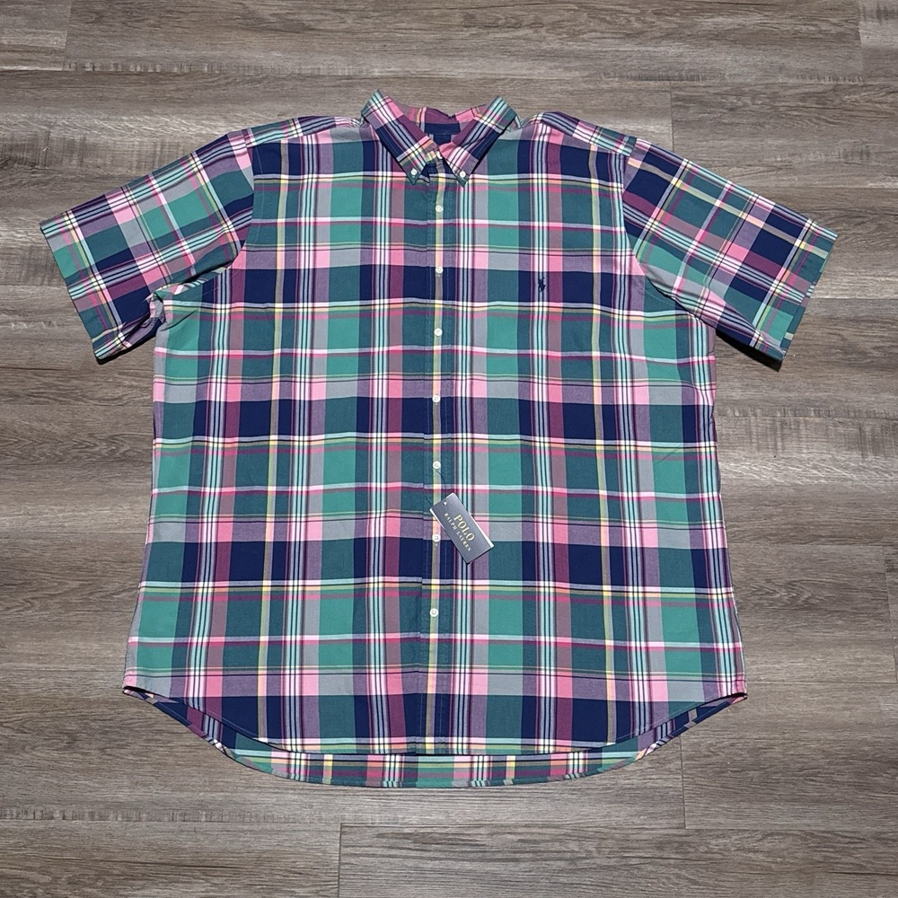 Polo Ralph Lauren Men's 3XLT Blue Pink Plaid Oxford Short Sleeve Shirt 3XL TALL